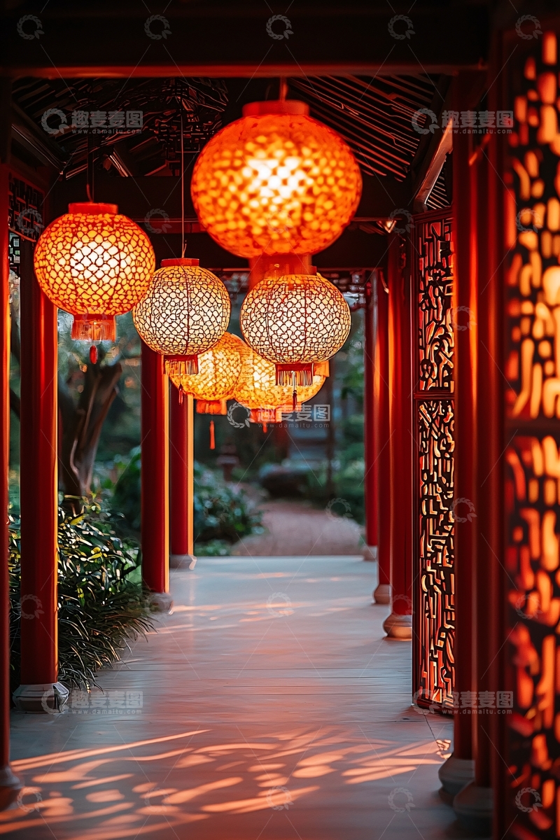 高清大图下载【趣麦麦图】红灯笼照亮中式长廊