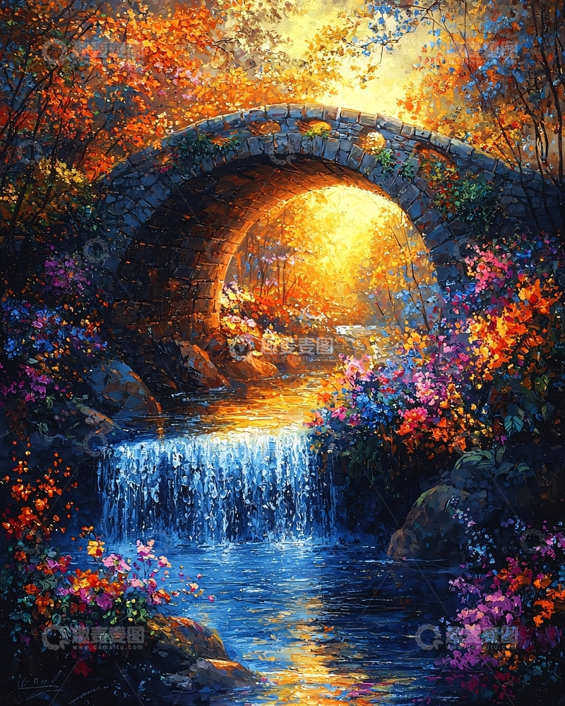 高清大图下载【趣麦麦图】秋日小桥流水风景画