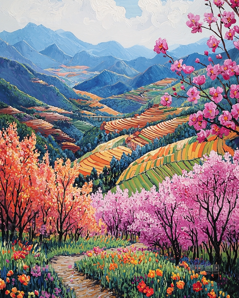 高清大图下载【趣麦麦图】彩色山峦田园风光