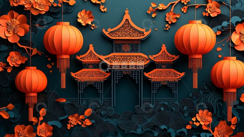 高清大图下载【趣麦麦图】中国风灯笼建筑花卉背景