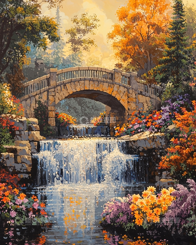 高清大图下载【趣麦麦图】秋日瀑布石桥风景画