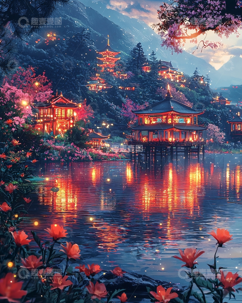 高清大图下载【趣麦麦图】梦幻唯美湖畔夜景