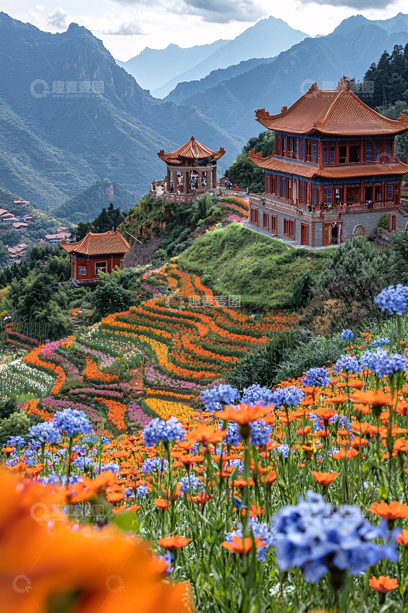 高清大图下载【趣麦麦图】山顶寺庙花海景观
