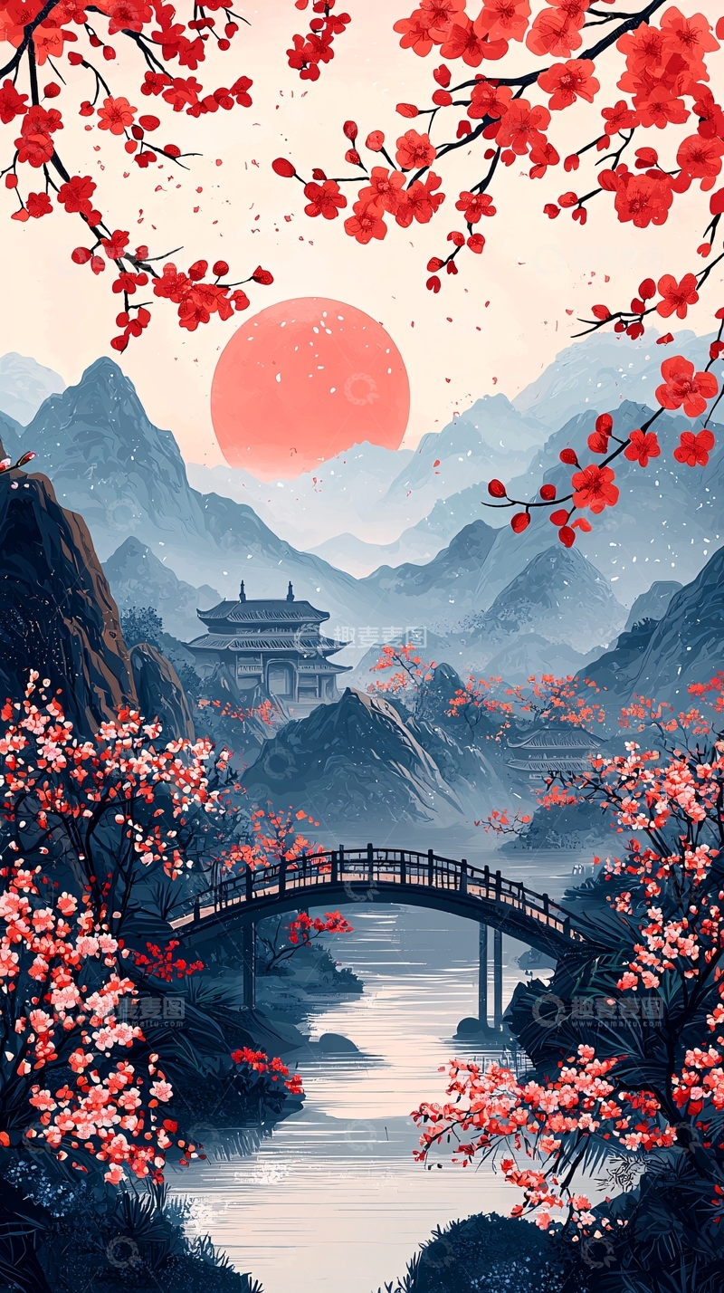 高清大图下载【趣麦麦图】红色花朵环绕的山水风景