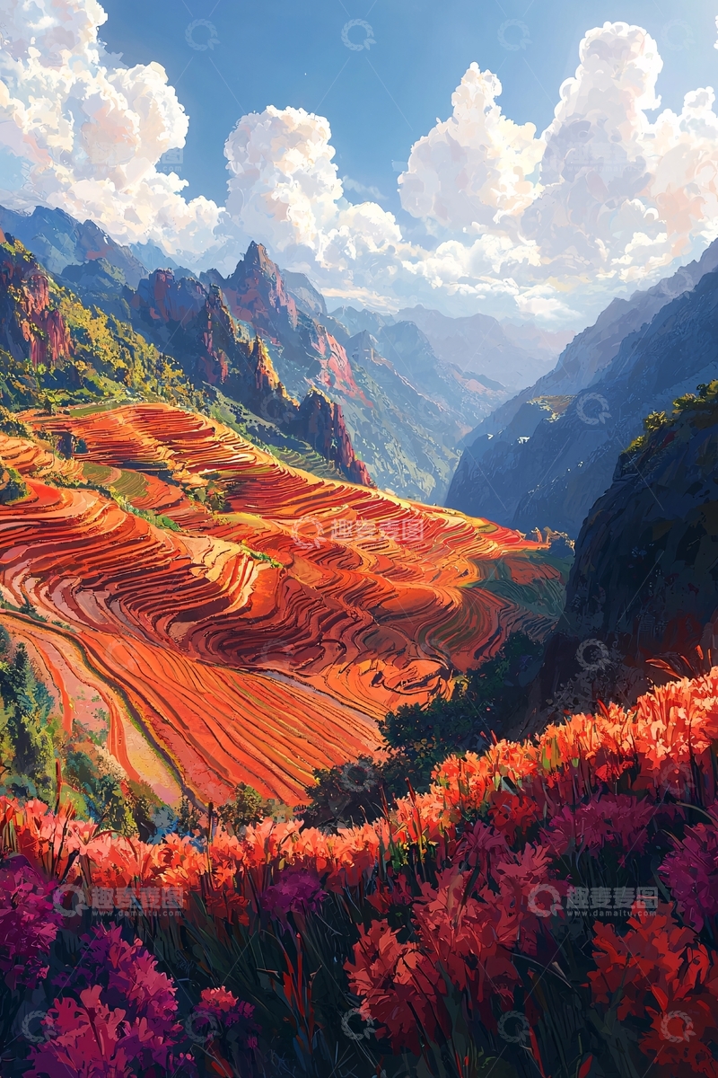 高清大图下载【趣麦麦图】壮丽梯田山景水彩画