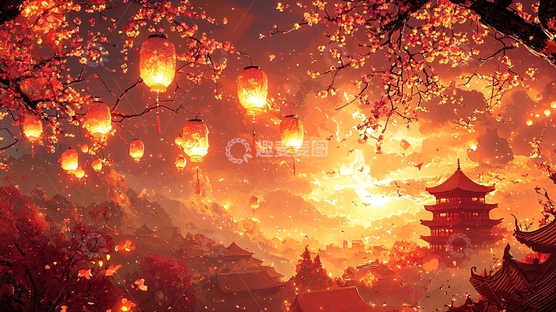 高清大图下载【趣麦麦图】红枫叶下灯笼飞舞