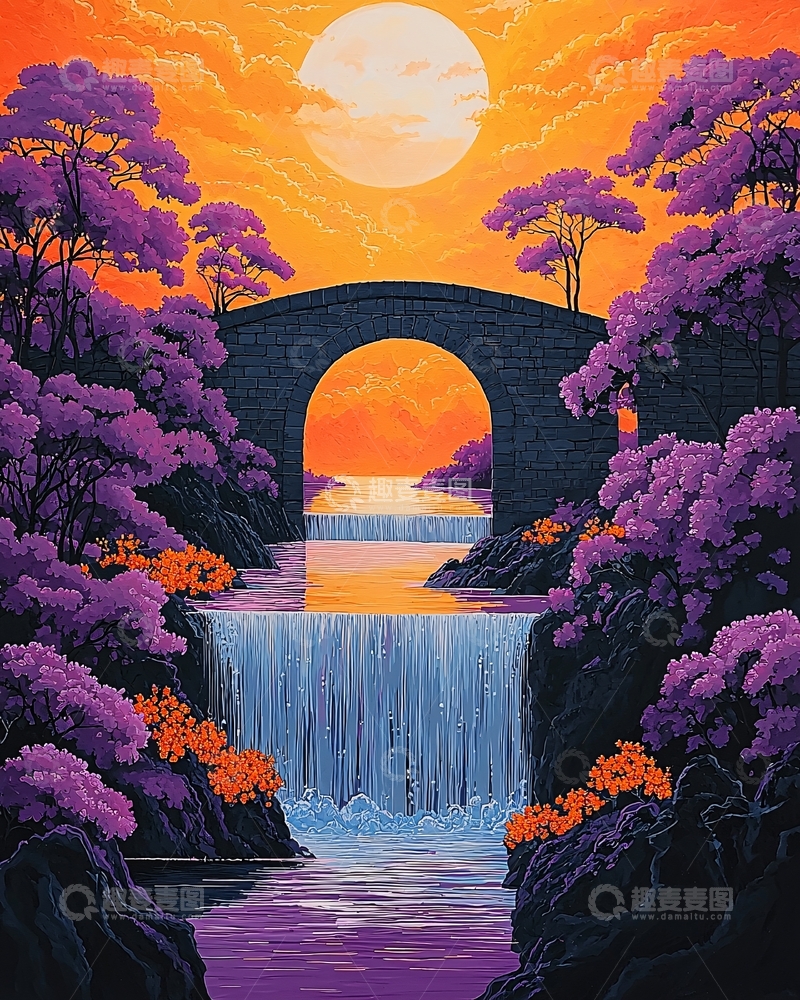 高清大图下载【趣麦麦图】紫藤环绕的桥梁瀑布美景