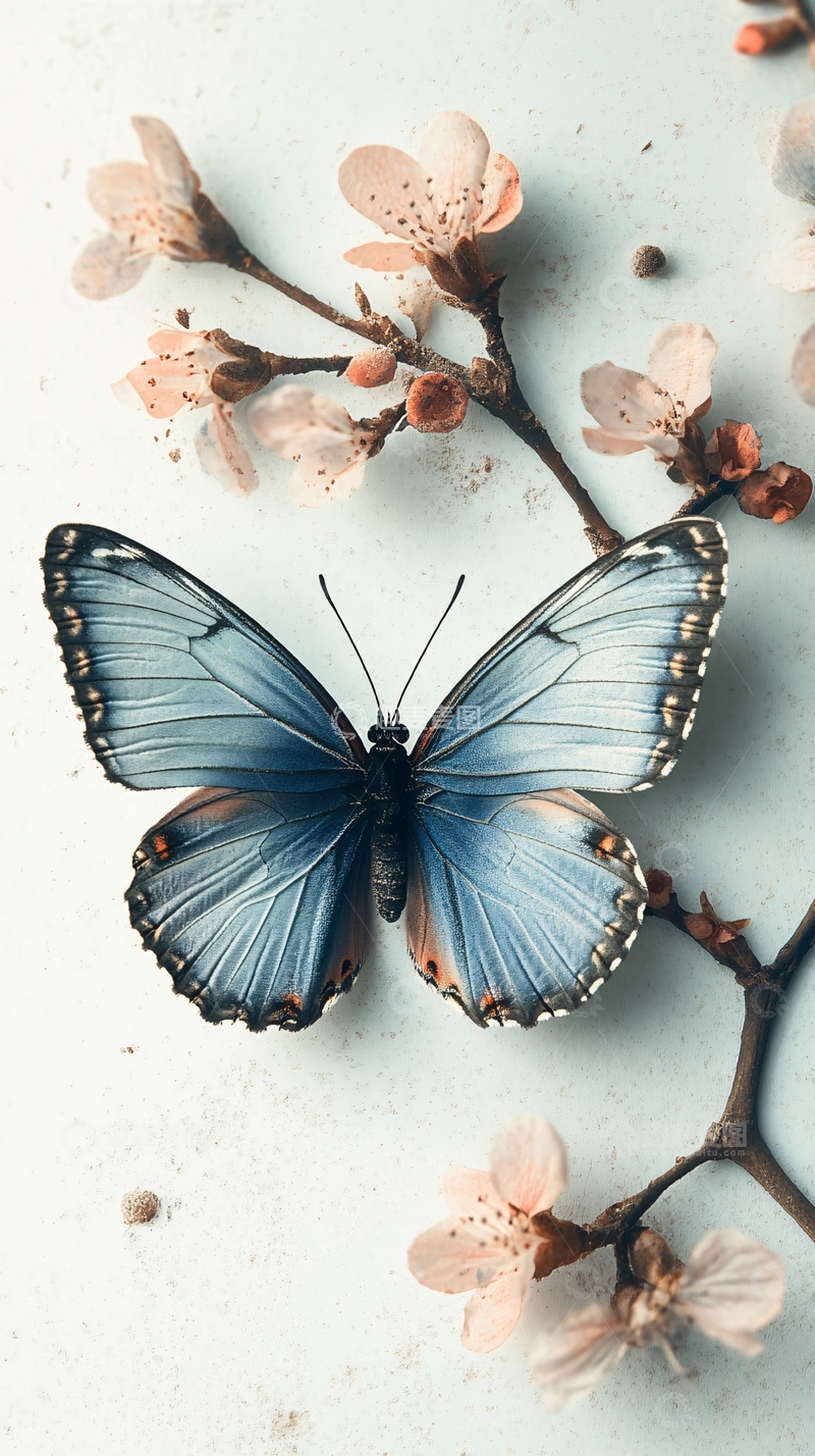 高清大图下载【趣麦麦图】蓝蝴蝶与粉嫩花朵