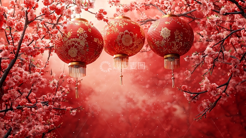 高清大图下载【趣麦麦图】红灯笼樱花树背景