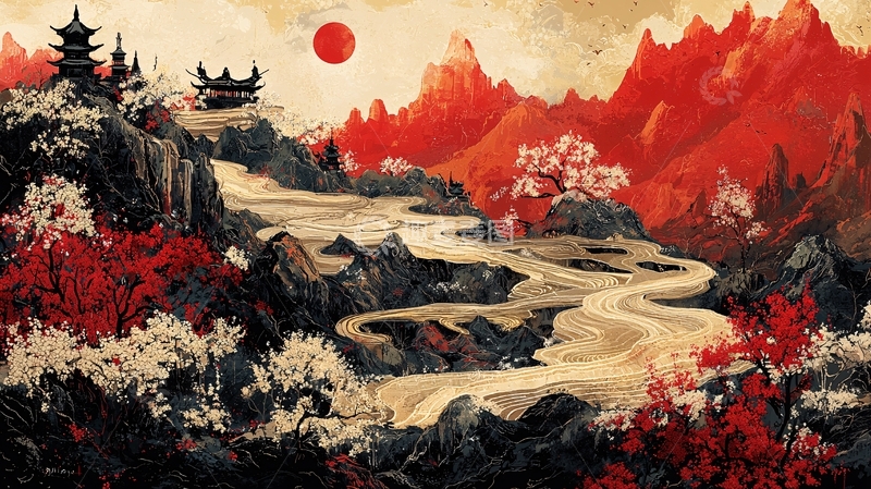 高清大图下载【趣麦麦图】红日山川古寺