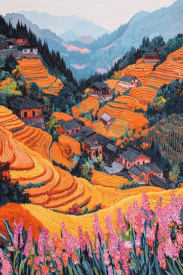 梯田村庄秋收景色