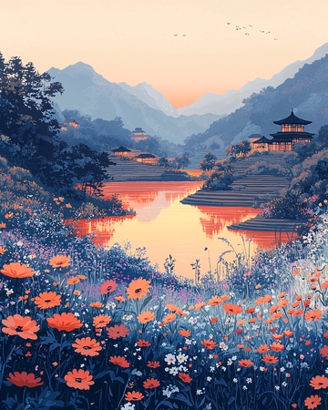 夕阳下的山水田园风光