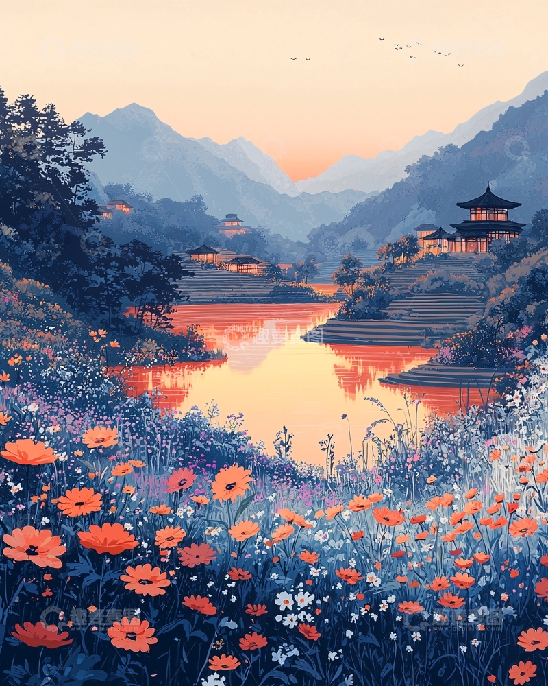 高清大图下载【趣麦麦图】夕阳下的山水田园风光