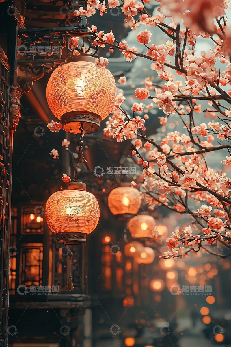高清大图下载【趣麦麦图】灯笼与盛开的梅花树