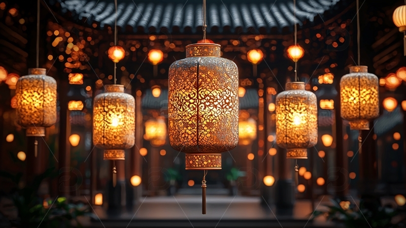 高清大图下载【趣麦麦图】中式灯笼高挂夜空