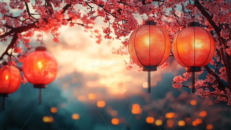 高清大图下载【趣麦麦图】唯美樱花树下红灯笼