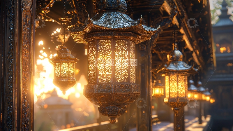 高清大图下载【趣麦麦图】金色灯笼悬挂在古建筑