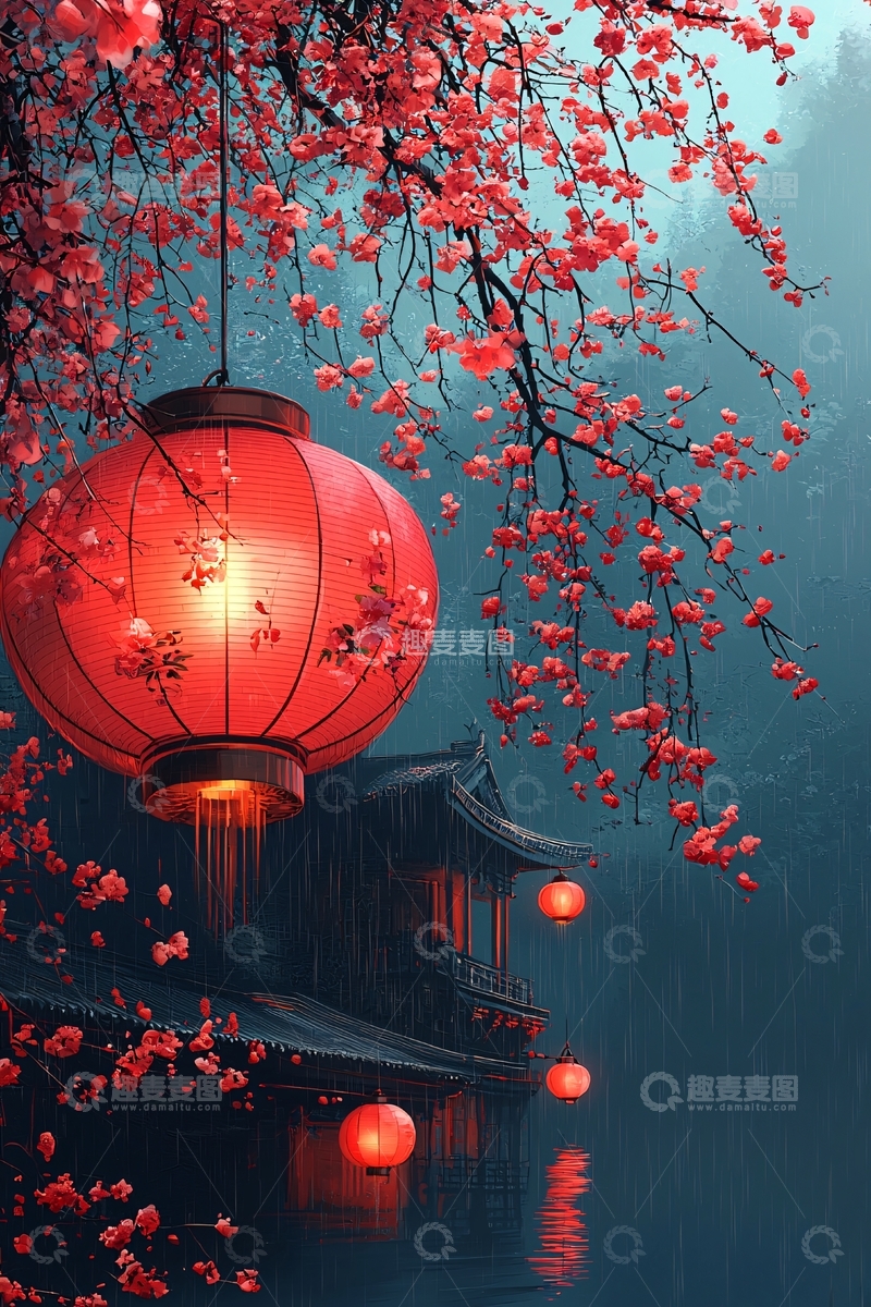 高清大图下载【趣麦麦图】红灯笼下的樱花树