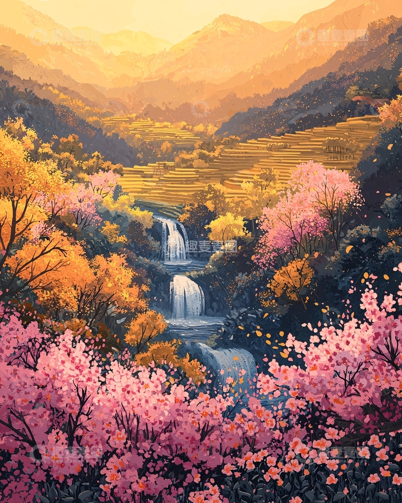 高清大图下载【趣麦麦图】山谷瀑布樱花秋色