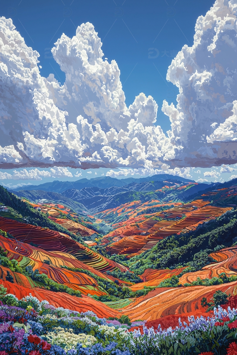 梯田山景与朵朵白云