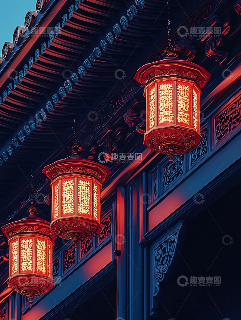 高清大图下载【趣麦麦图】中式建筑灯笼夜景