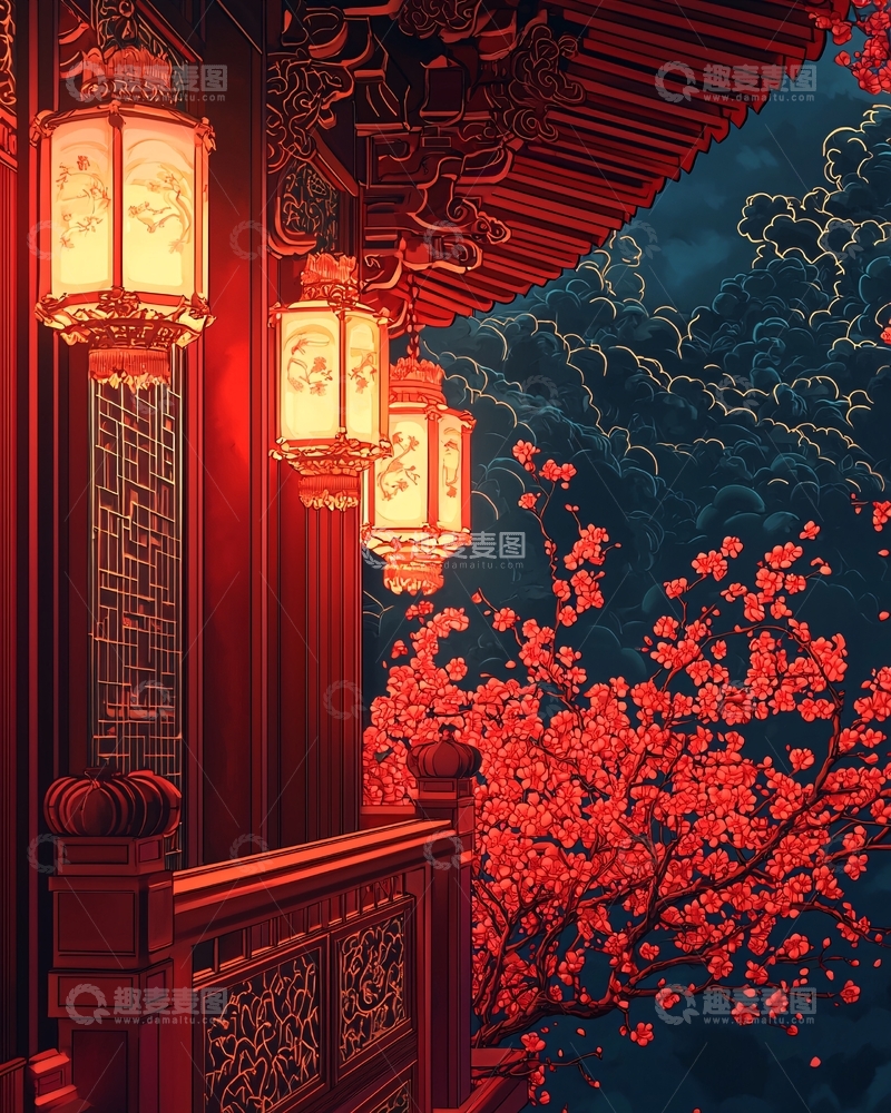 高清大图下载【趣麦麦图】中式灯笼红梅点缀夜景