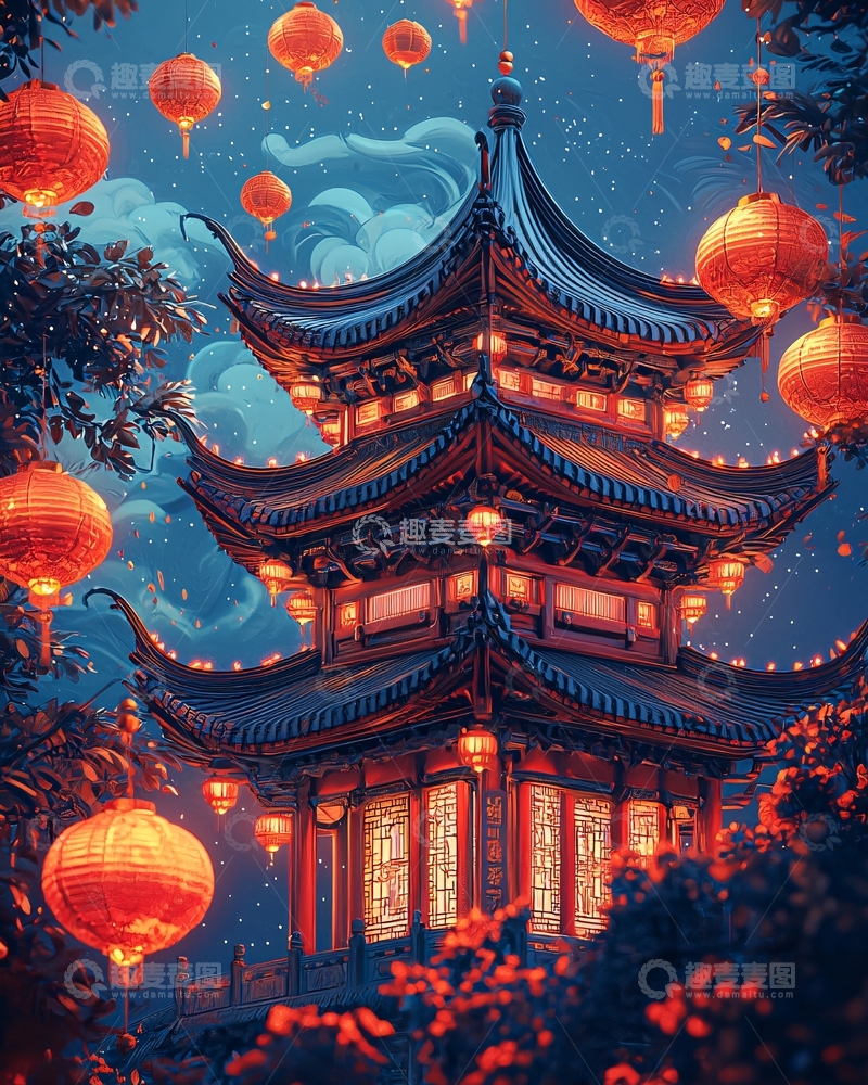 高清大图下载【趣麦麦图】夜幕下的中国风建筑