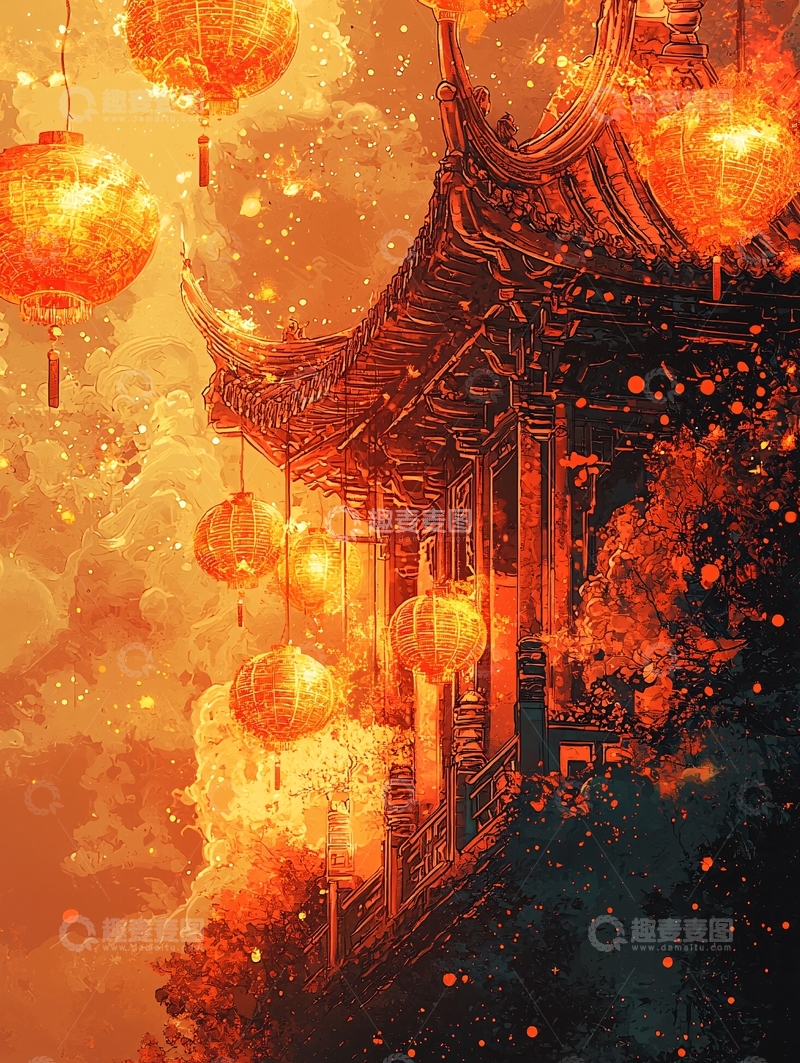 高清大图下载【趣麦麦图】灯笼高挂的中国古建筑