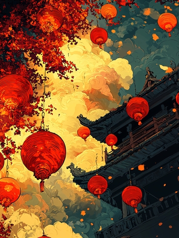 中国风灯笼建筑天空