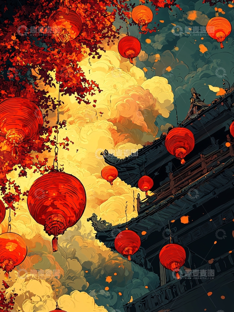 高清大图下载【趣麦麦图】中国风灯笼建筑天空