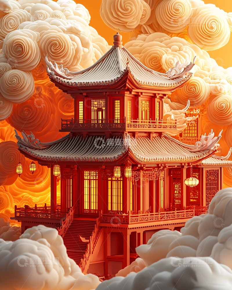 高清大图下载【趣麦麦图】祥云环绕的红色中式建筑
