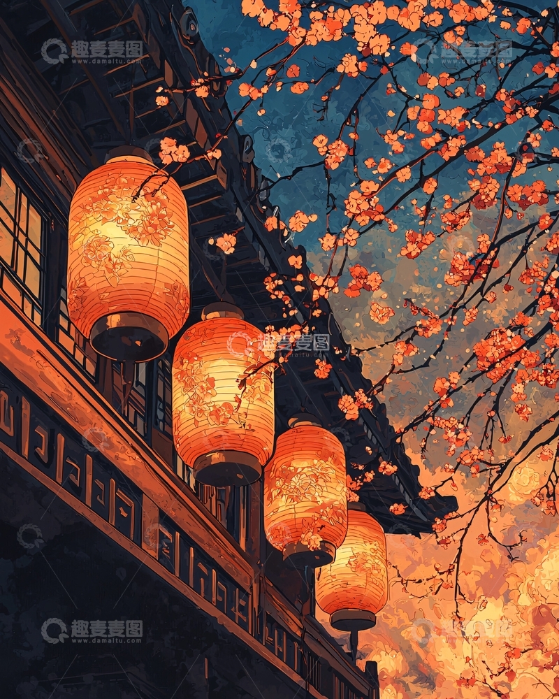高清大图下载【趣麦麦图】夜晚樱花灯笼