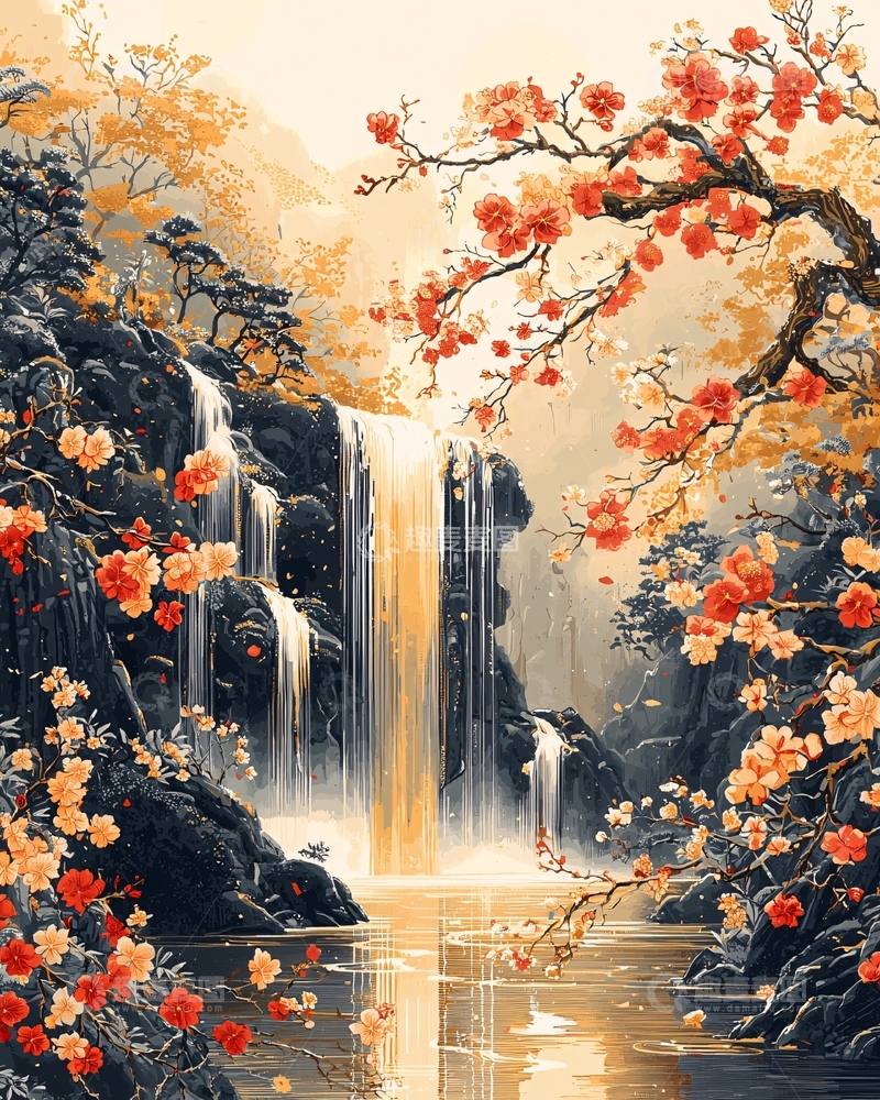 高清大图下载【趣麦麦图】秋日瀑布花海