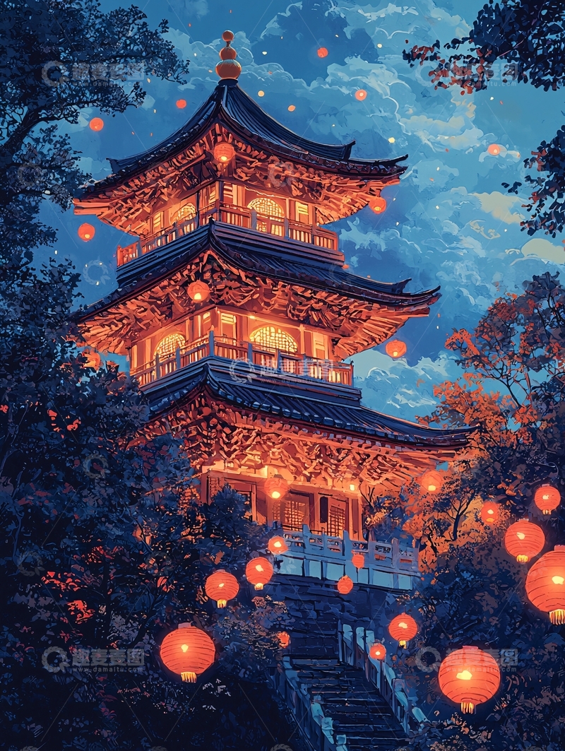 高清大图下载【趣麦麦图】夜晚灯笼古塔