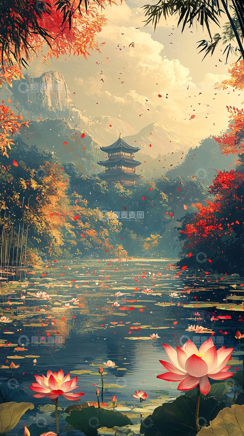 高清大图下载【趣麦麦图】秋日湖畔的寺庙美景
