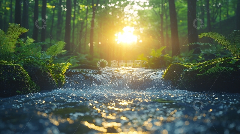 高清大图下载【趣麦麦图】森林溪流日落阳光