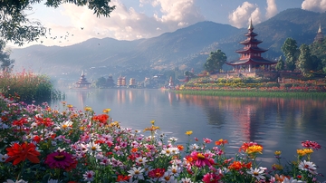 宁静湖畔的宝塔景色