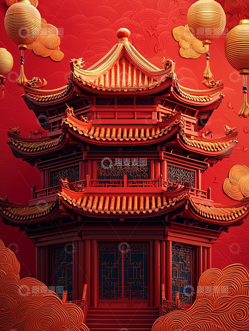 高清大图下载【趣麦麦图】红色中国风建筑