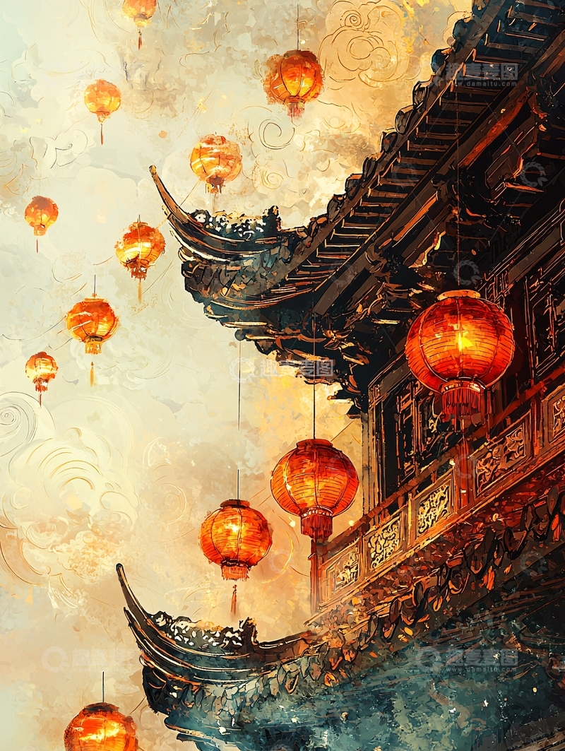 高清大图下载【趣麦麦图】中国风灯笼建筑水墨画