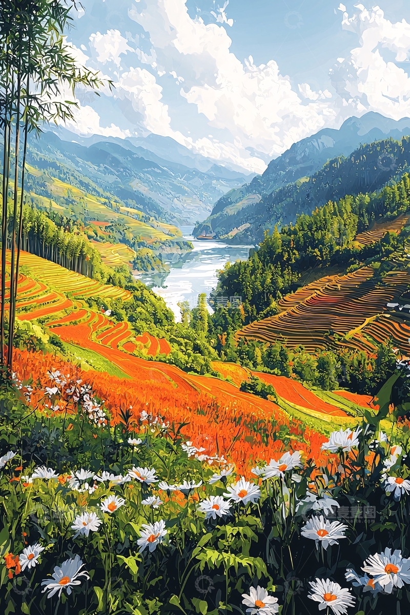 高清大图下载【趣麦麦图】梯田花海山水交融
