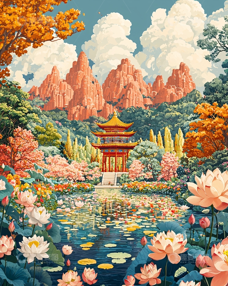 高清大图下载【趣麦麦图】绚丽国风山水亭台楼阁