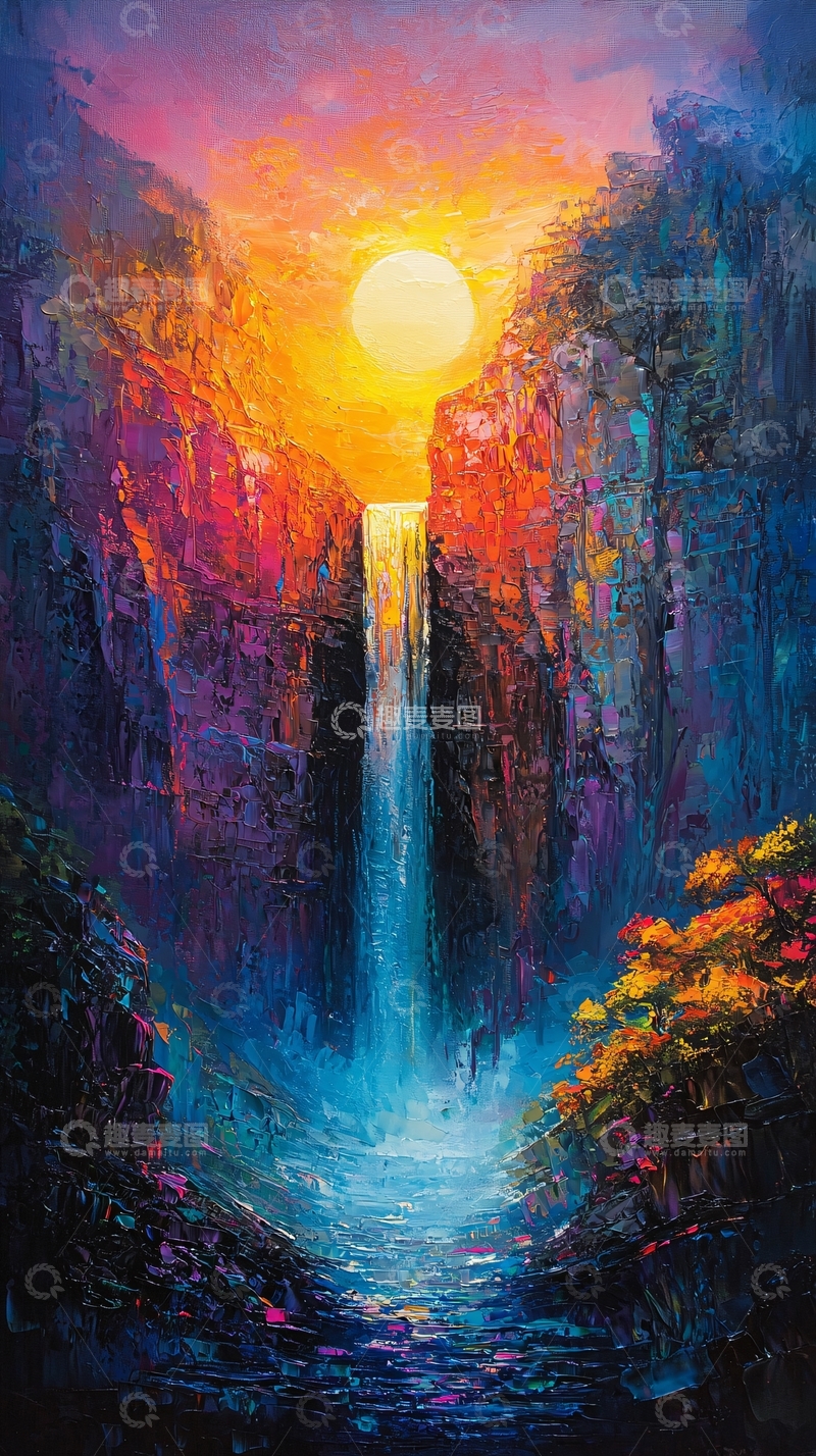 高清大图下载【趣麦麦图】峡谷瀑布日落风景
