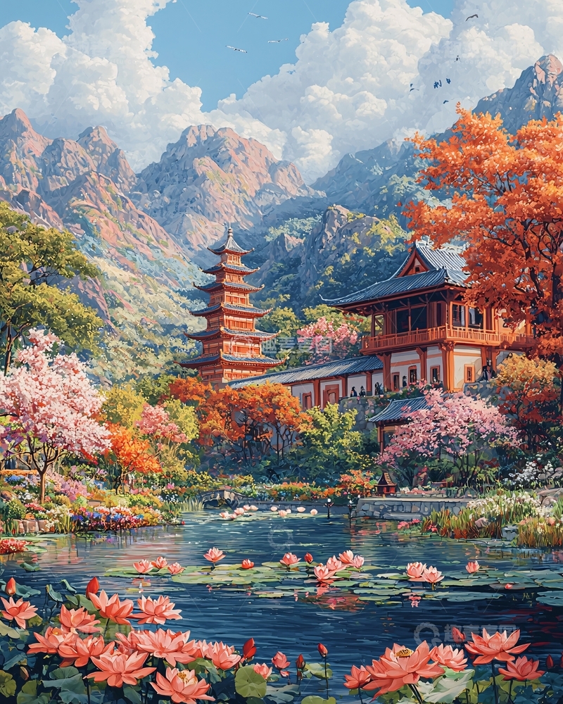 高清大图下载【趣麦麦图】中国风山水塔楼建筑