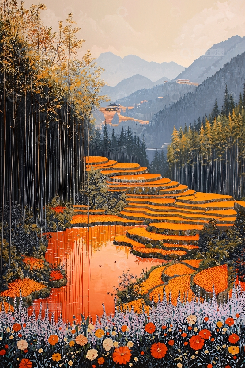 高清大图下载【趣麦麦图】秋收梯田