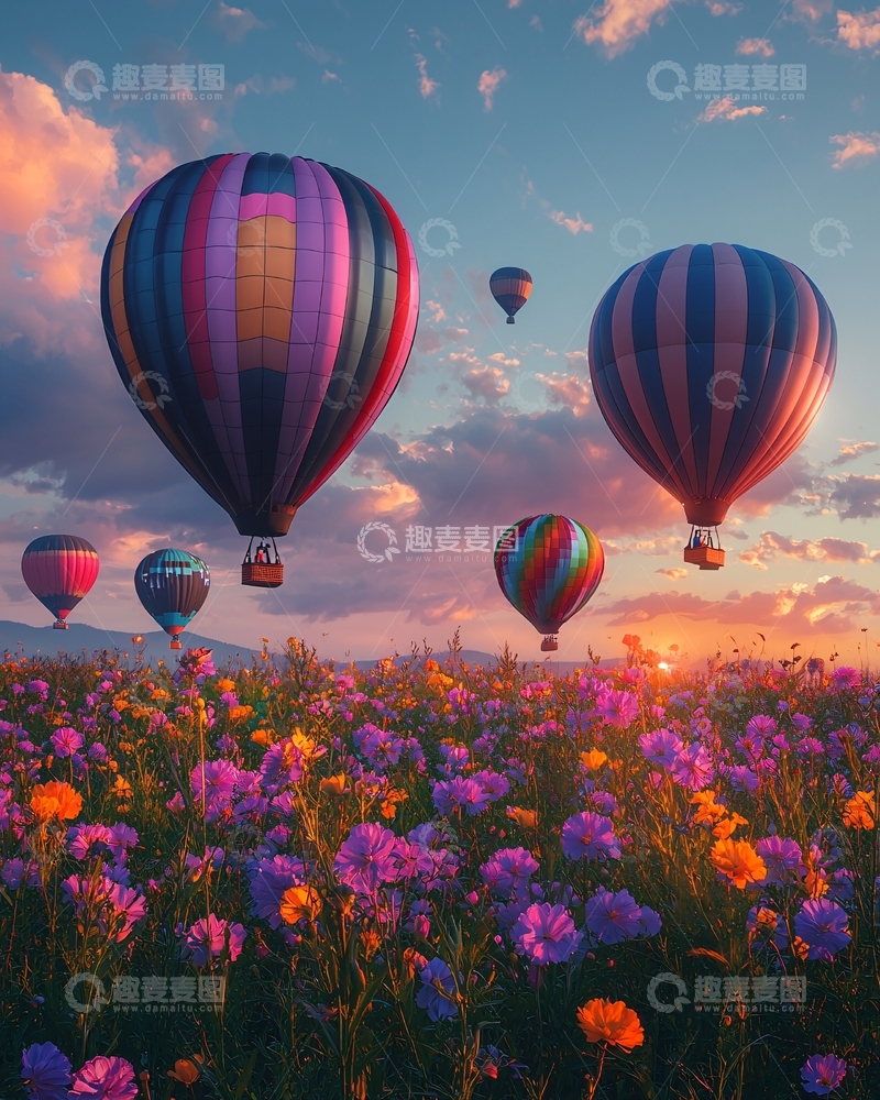 高清大图下载【趣麦麦图】热气球飞过花田
