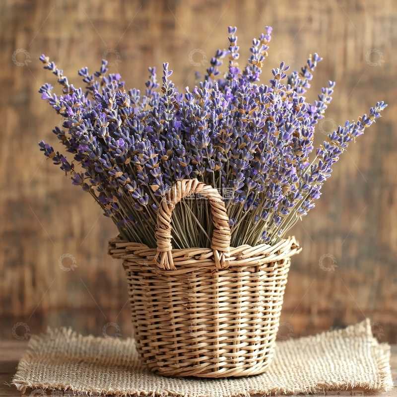 高清大图下载【趣麦麦图】薰衣草花束在藤编篮子里