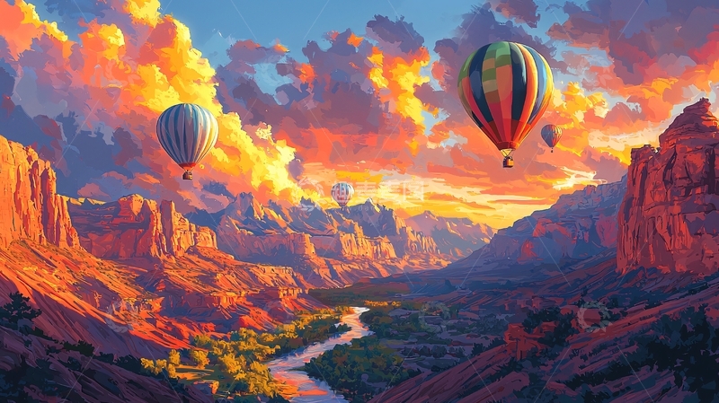 高清大图下载【趣麦麦图】夕阳下峡谷热气球
