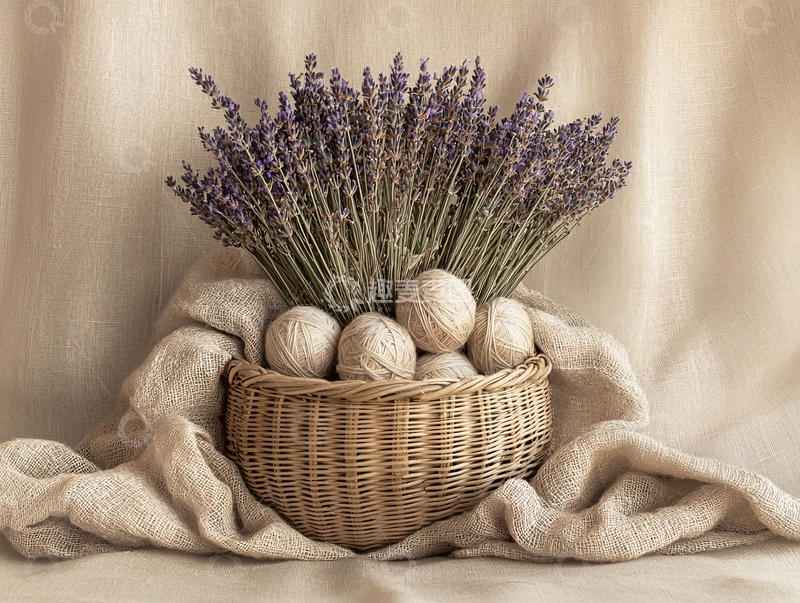 高清大图下载【趣麦麦图】薰衣草和毛线球的篮子