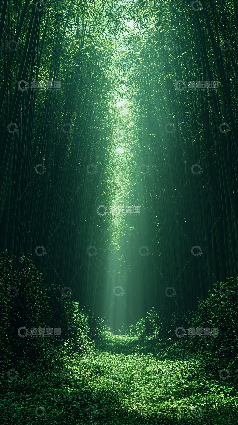 高清大图下载【趣麦麦图】绿色竹林幽径光线垂直照射