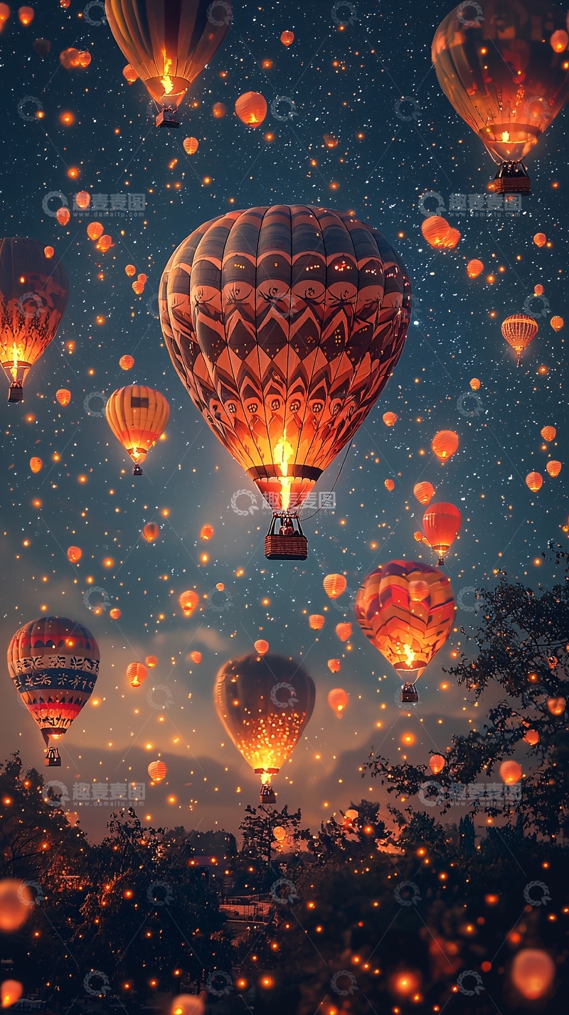 高清大图下载【趣麦麦图】夜空中飞行的热气球